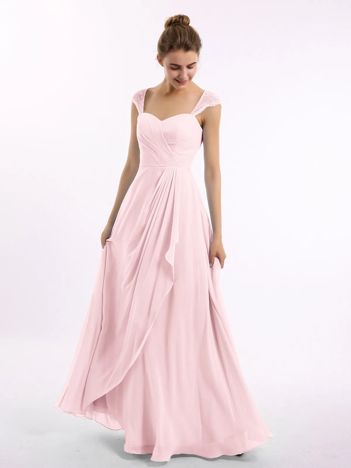 Chiffon Bridesmaid Dresses with Lace Cap Sleeves-Blushing Pink Plus Size