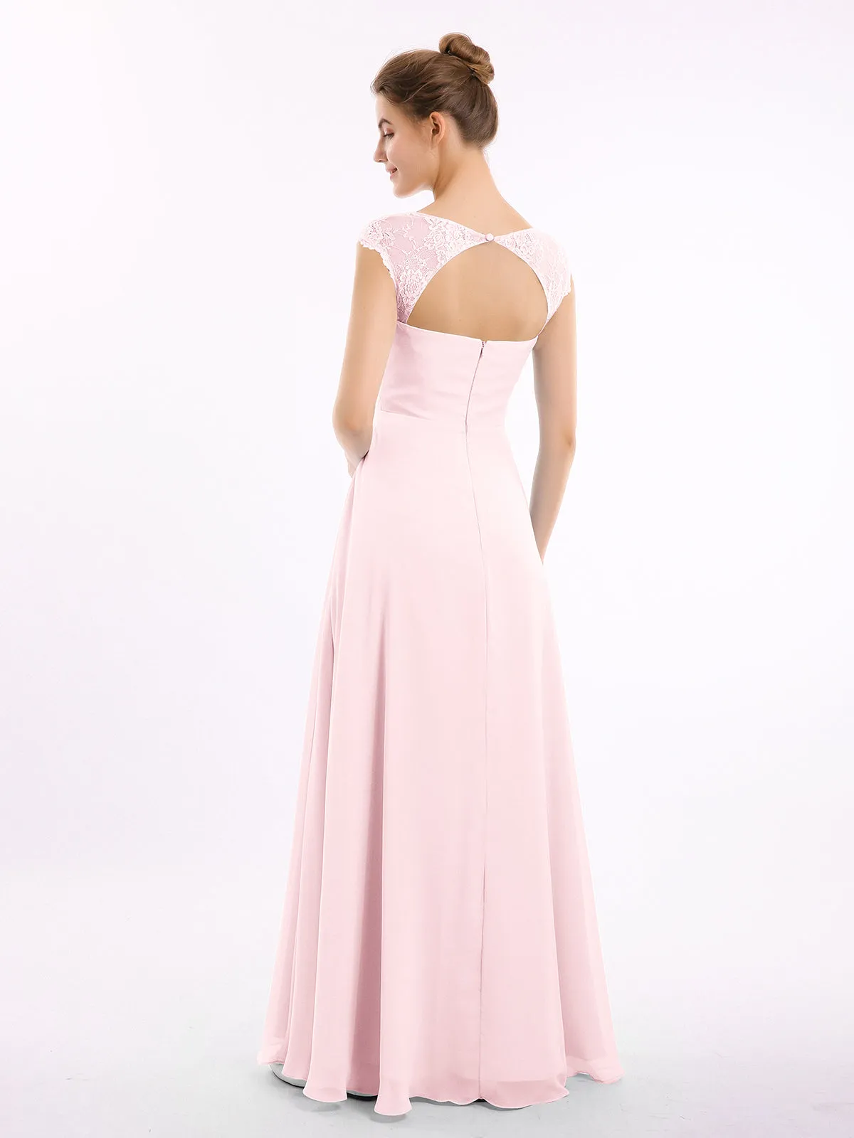 Chiffon Bridesmaid Dresses with Lace Cap Sleeves-Blushing Pink Plus Size