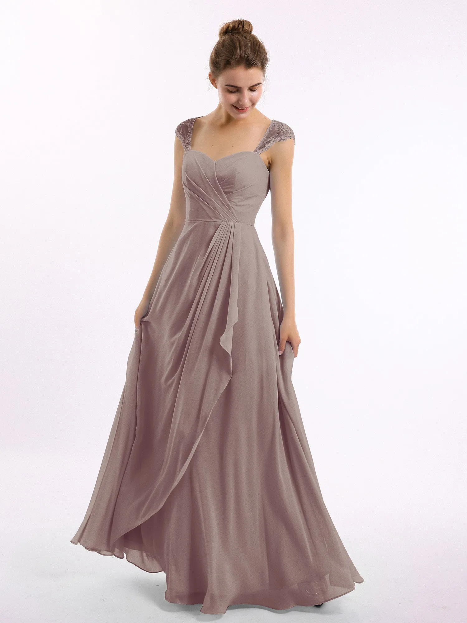 Chiffon Bridesmaid Dresses with Lace Cap Sleeves-Dusk