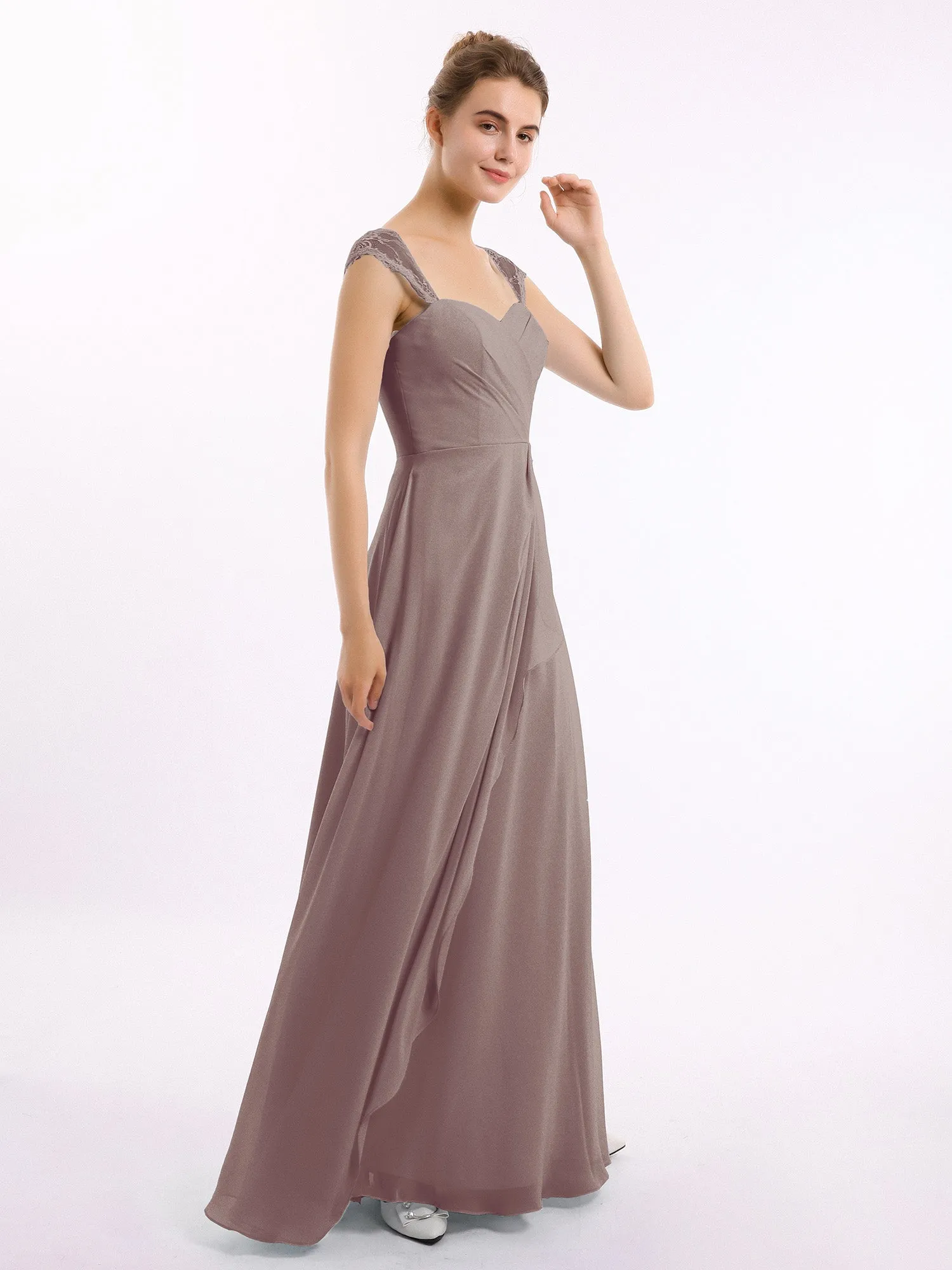 Chiffon Bridesmaid Dresses with Lace Cap Sleeves-Dusk