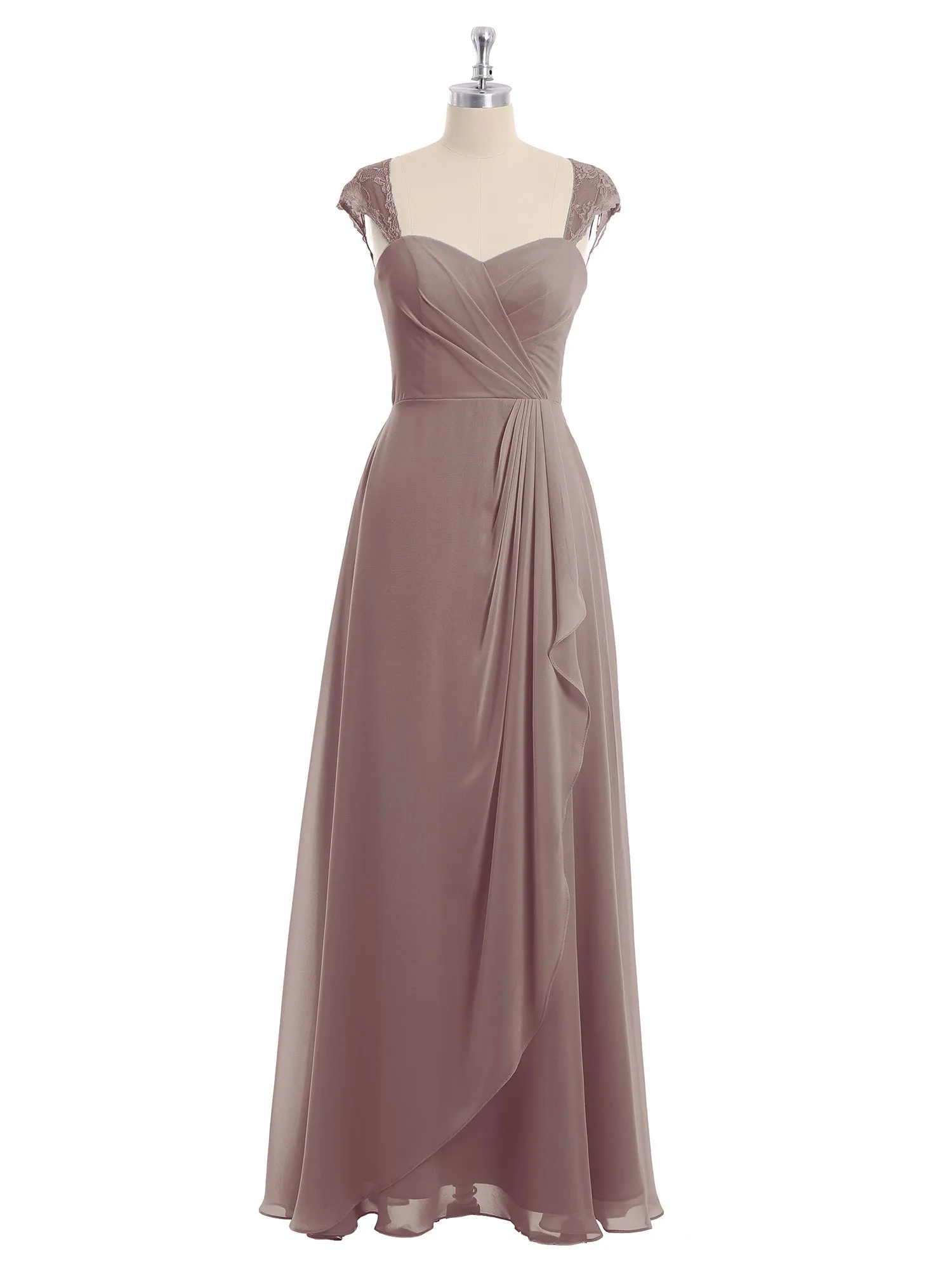 Chiffon Bridesmaid Dresses with Lace Cap Sleeves-Dusk