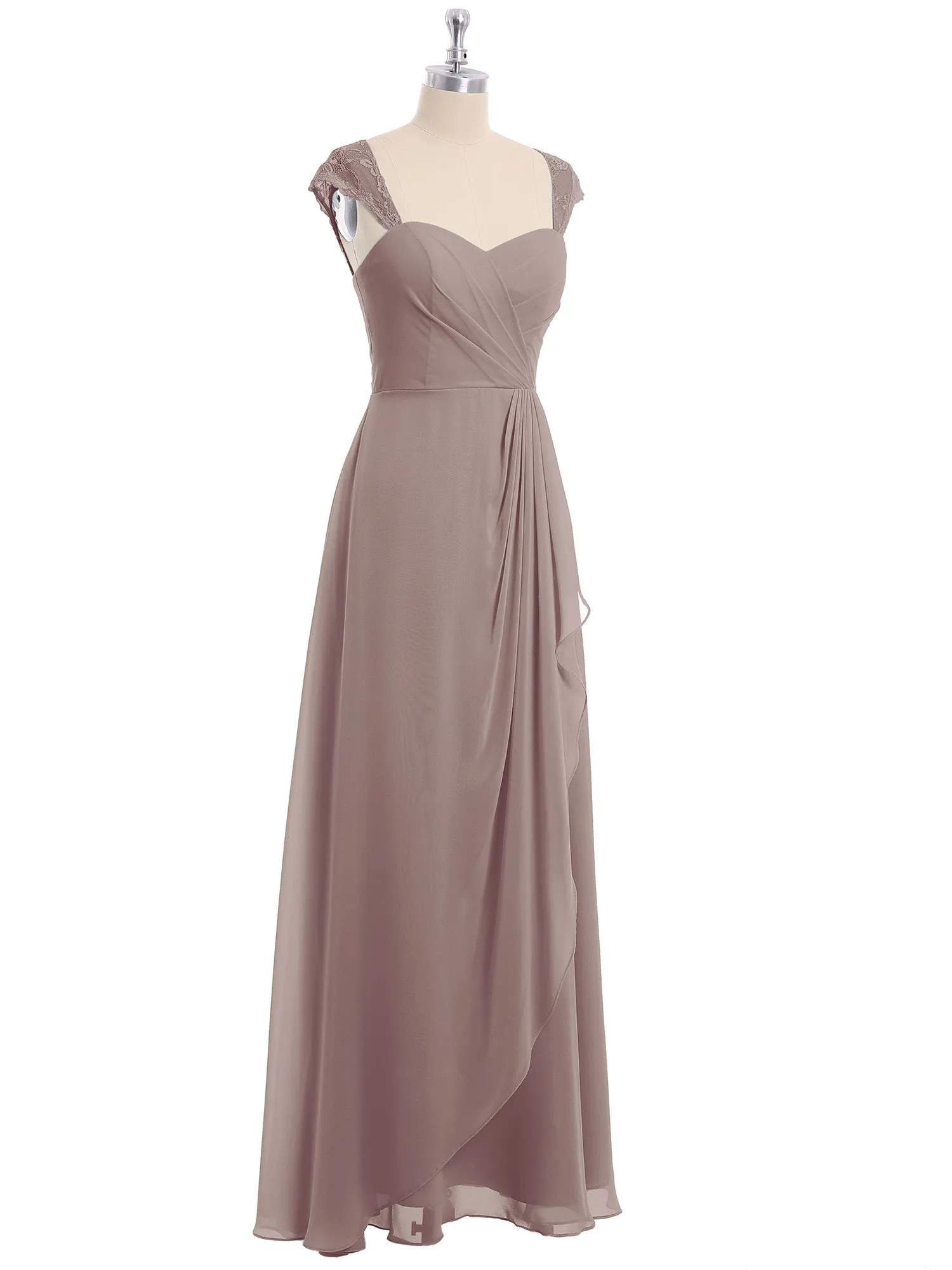 Chiffon Bridesmaid Dresses with Lace Cap Sleeves-Dusk