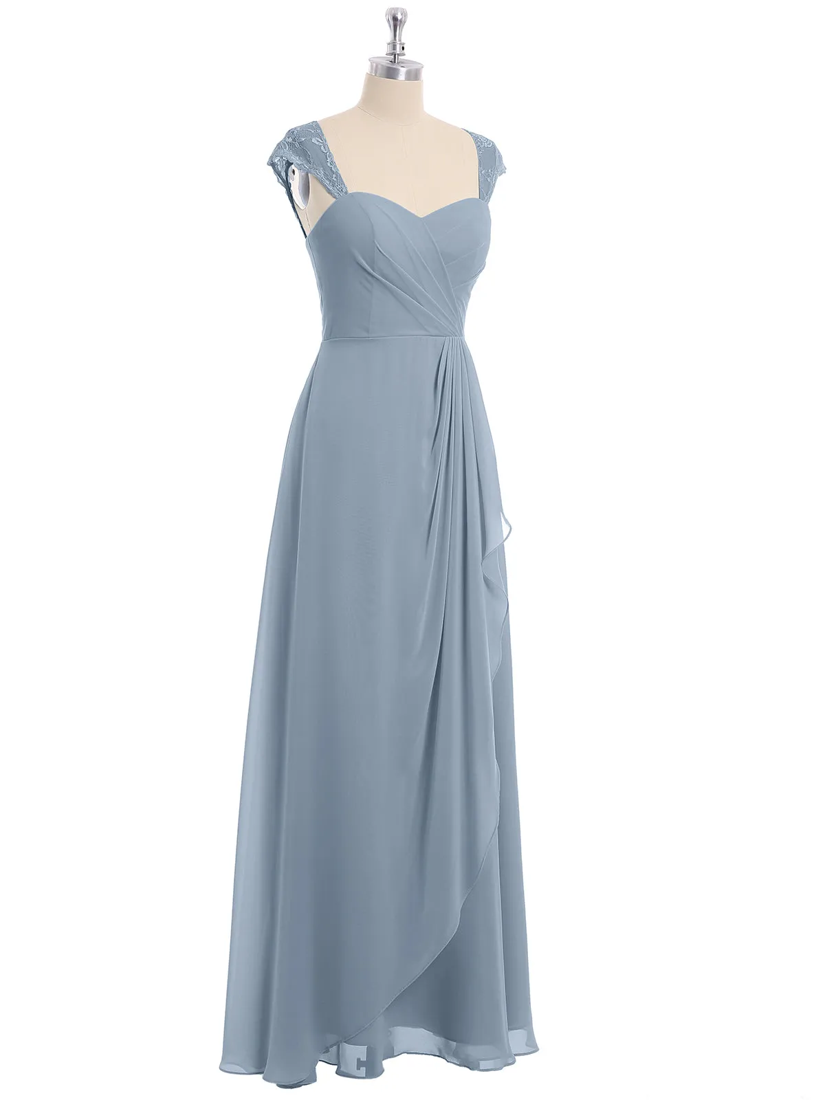 Chiffon Bridesmaid Dresses with Lace Cap Sleeves-Dusty Blue