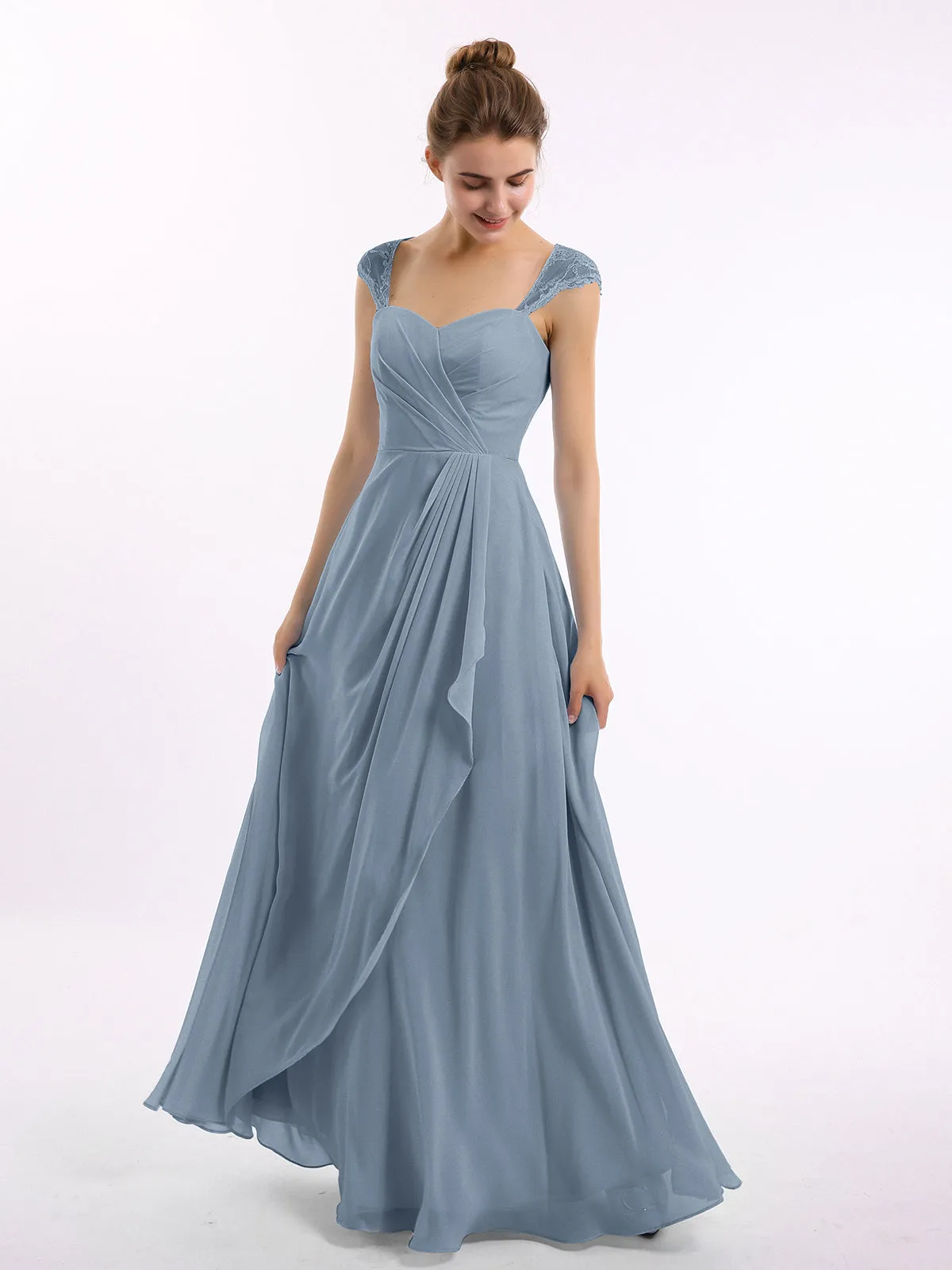 Chiffon Bridesmaid Dresses with Lace Cap Sleeves-Dusty Blue