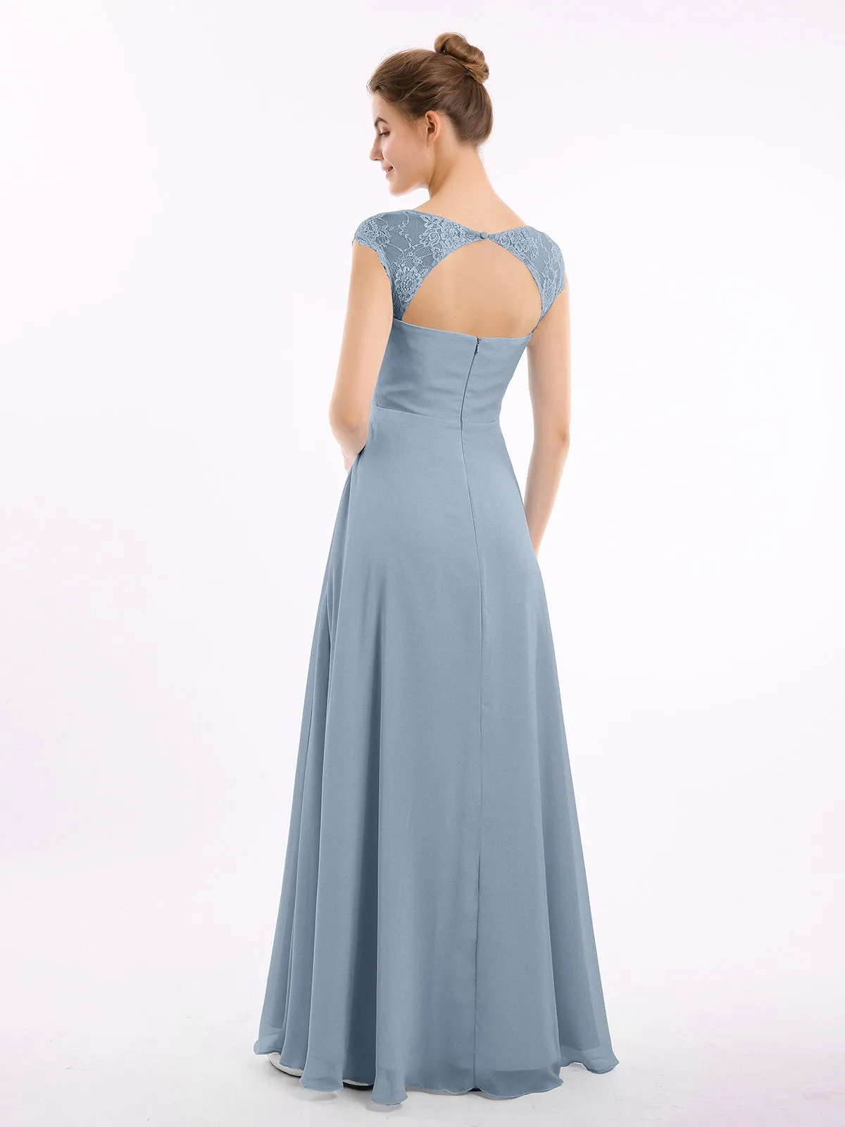 Chiffon Bridesmaid Dresses with Lace Cap Sleeves-Dusty Blue