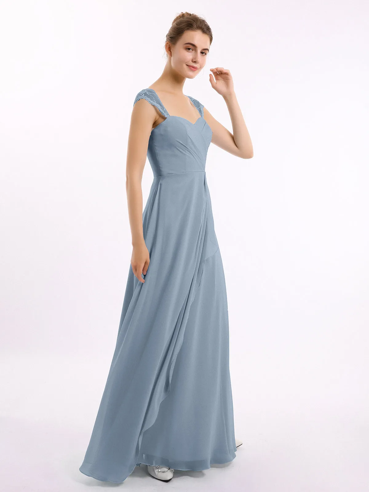 Chiffon Bridesmaid Dresses with Lace Cap Sleeves-Dusty Blue