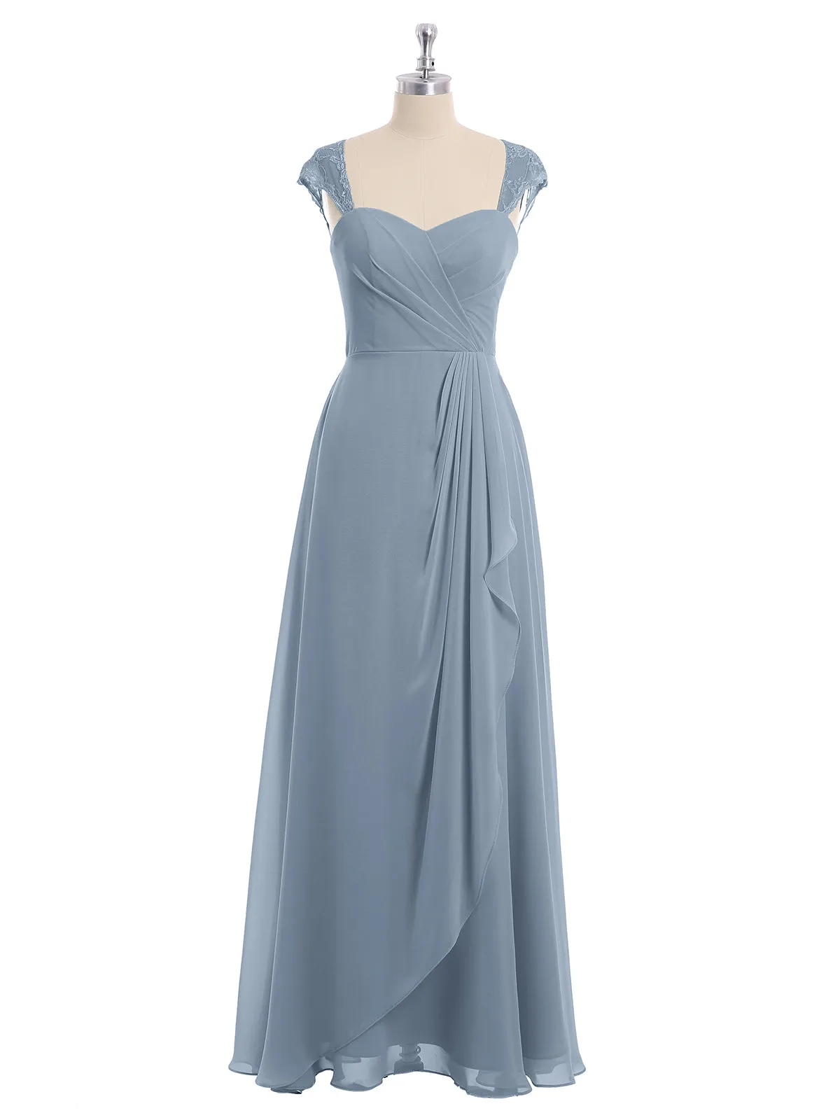 Chiffon Bridesmaid Dresses with Lace Cap Sleeves-Dusty Blue