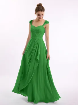 Chiffon Bridesmaid Dresses with Lace Cap Sleeves-Green