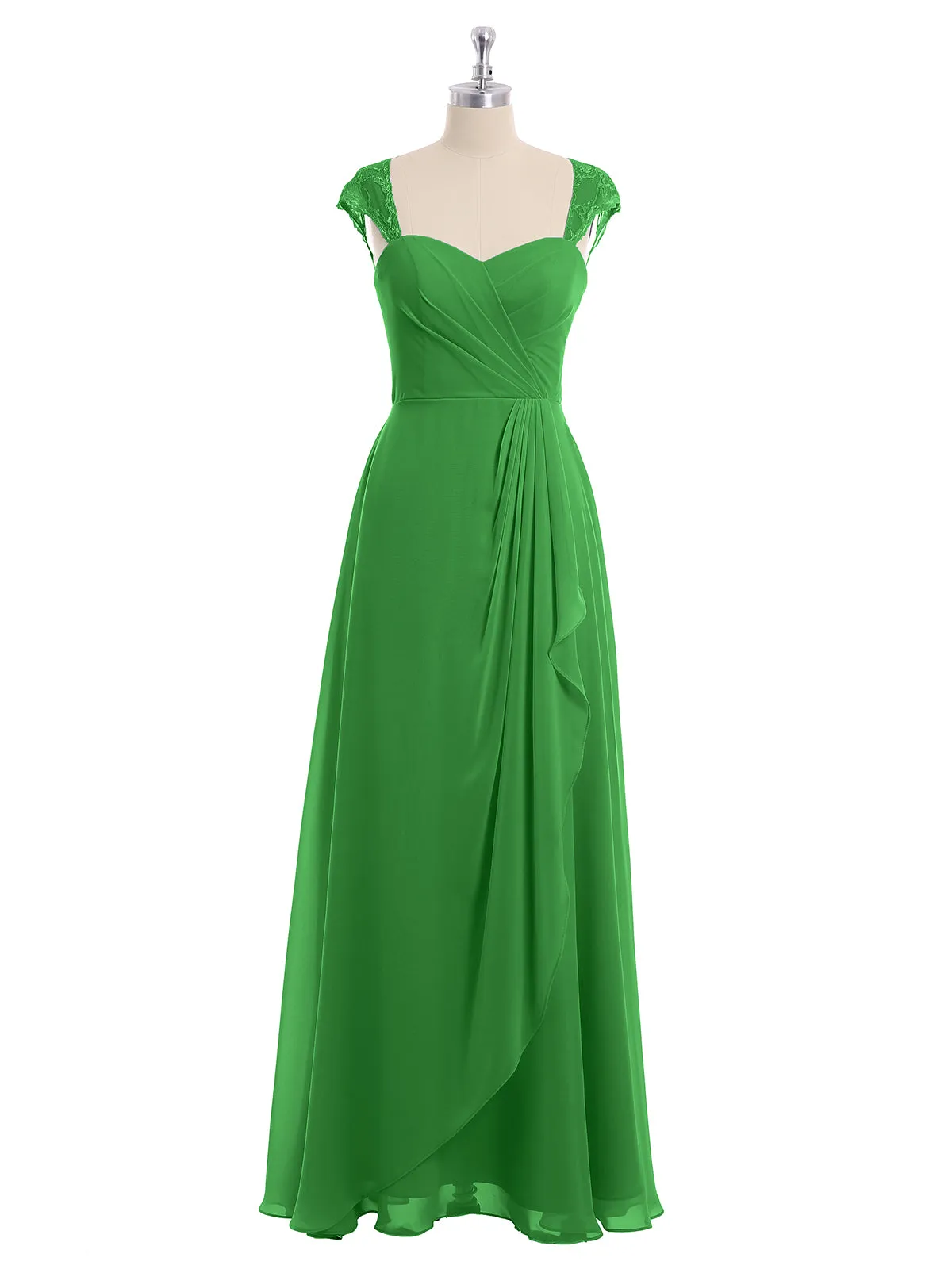 Chiffon Bridesmaid Dresses with Lace Cap Sleeves-Green