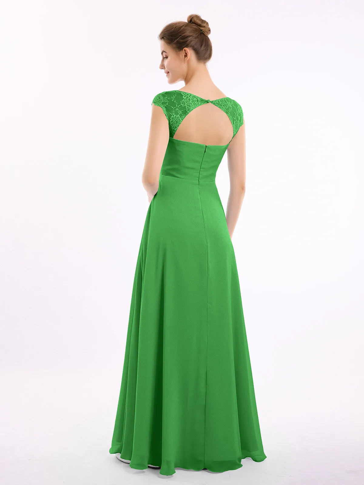 Chiffon Bridesmaid Dresses with Lace Cap Sleeves-Green