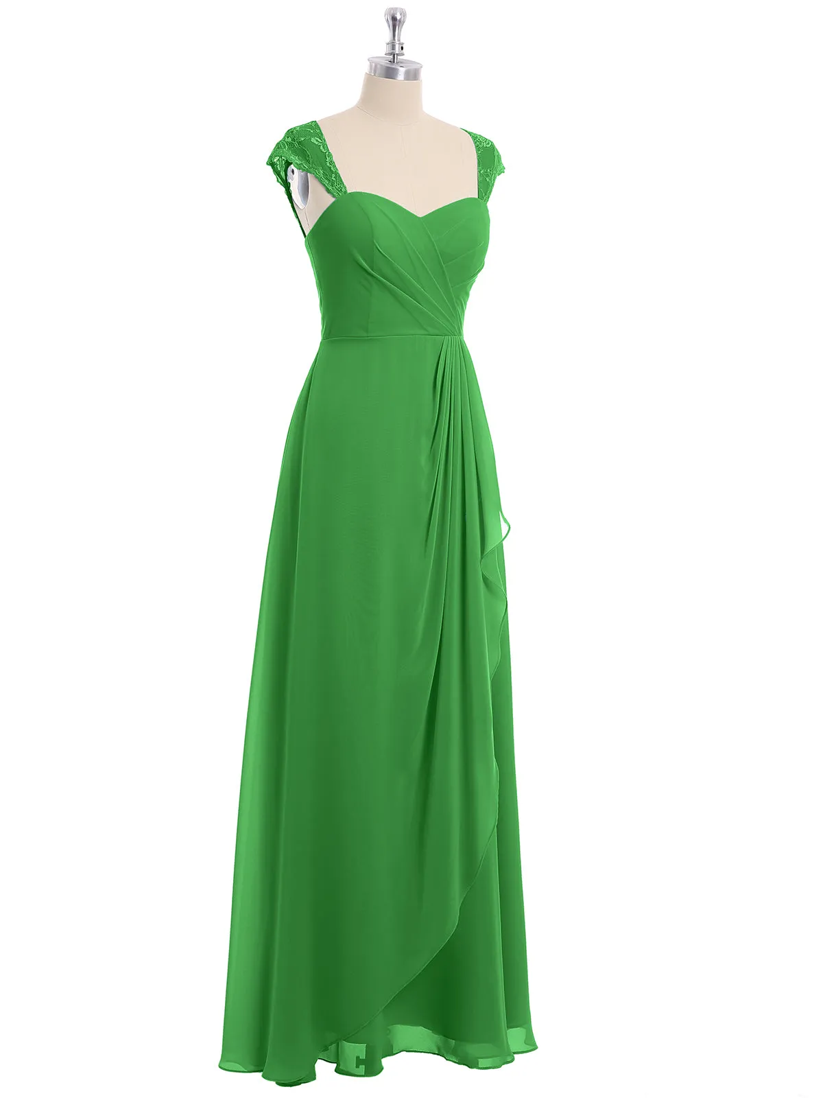 Chiffon Bridesmaid Dresses with Lace Cap Sleeves-Green