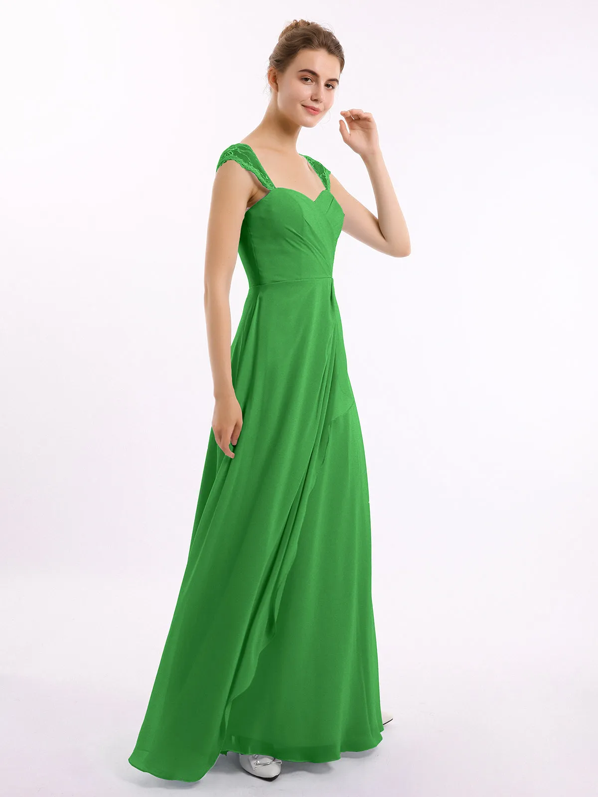 Chiffon Bridesmaid Dresses with Lace Cap Sleeves-Green