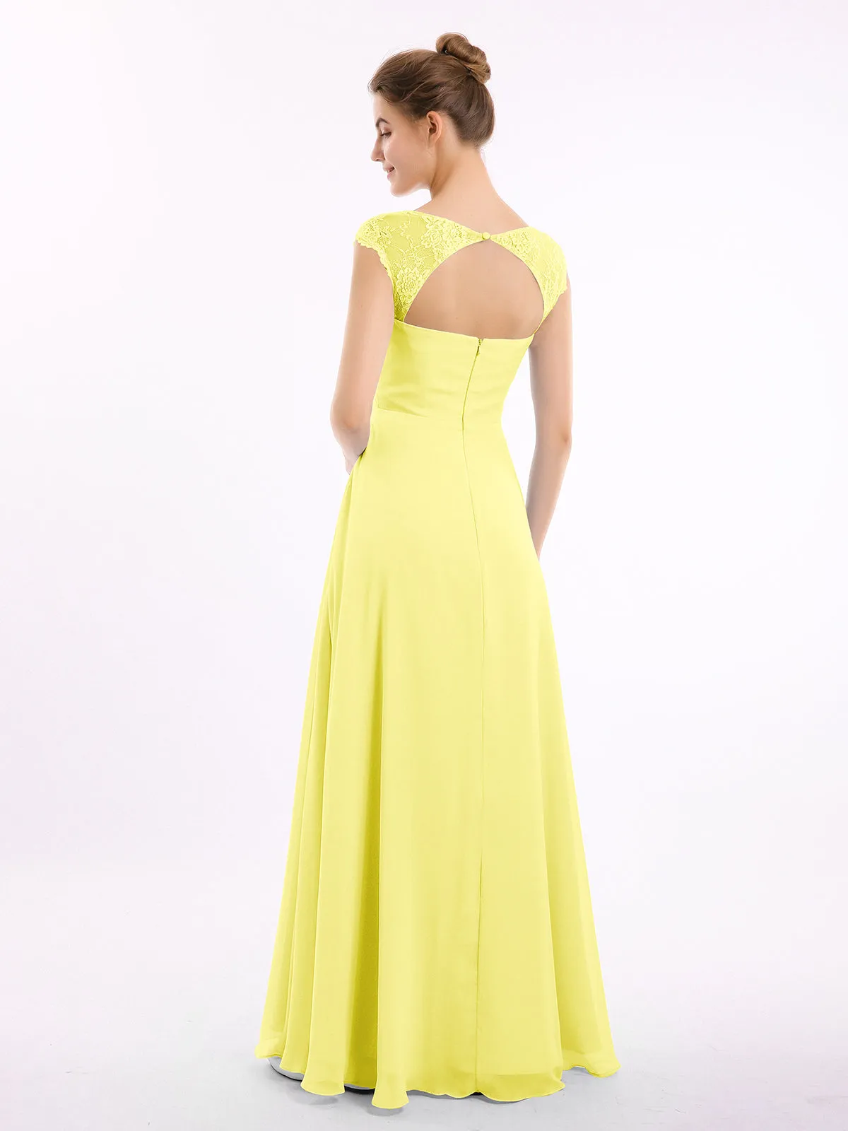 Chiffon Bridesmaid Dresses with Lace Cap Sleeves-Lemon Plus Size