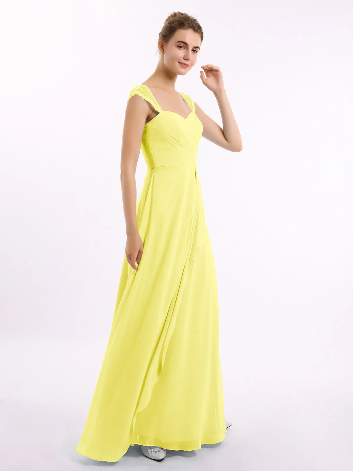 Chiffon Bridesmaid Dresses with Lace Cap Sleeves-Lemon Plus Size