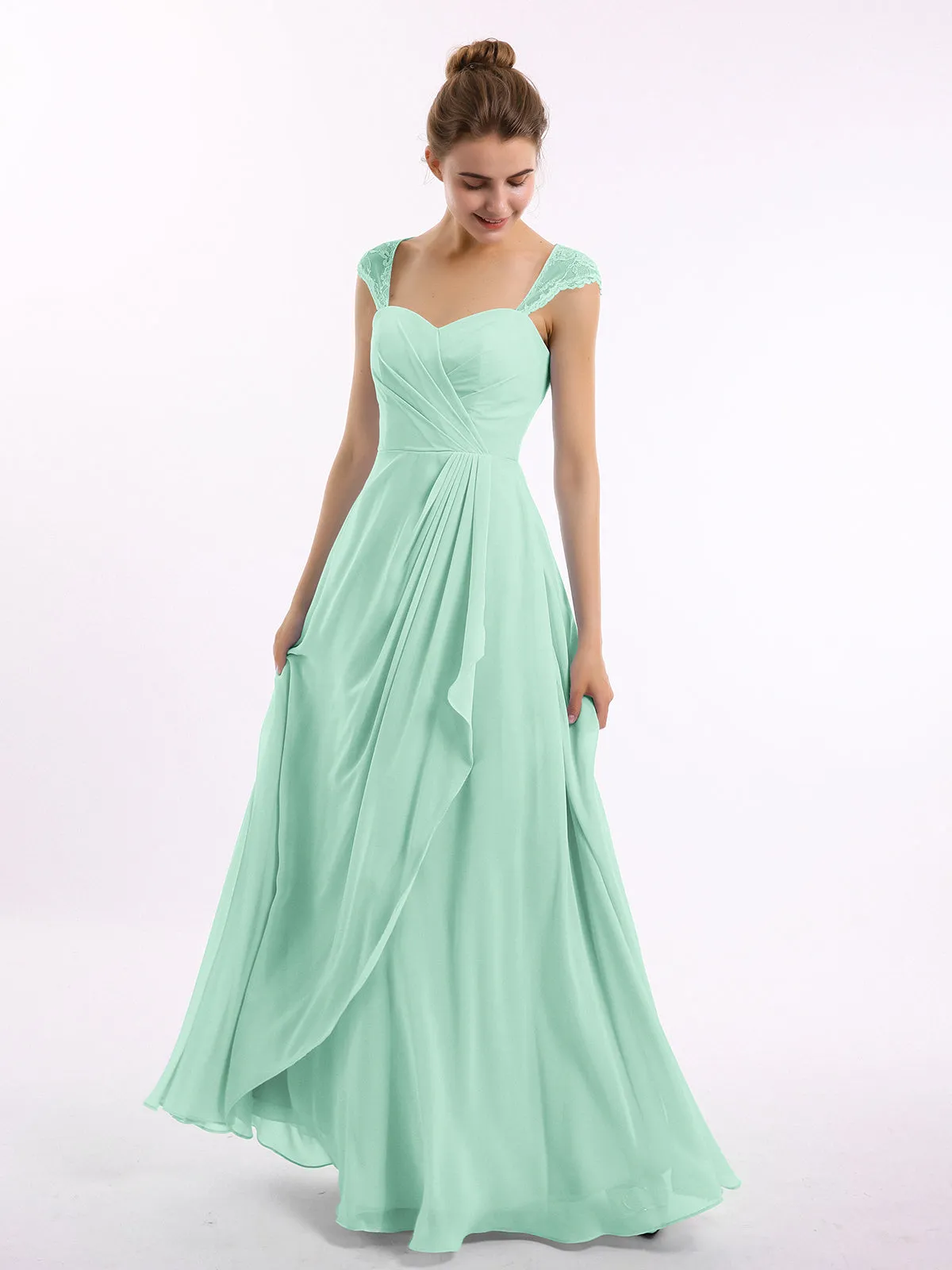 Chiffon Bridesmaid Dresses with Lace Cap Sleeves-Mint Green Plus Size