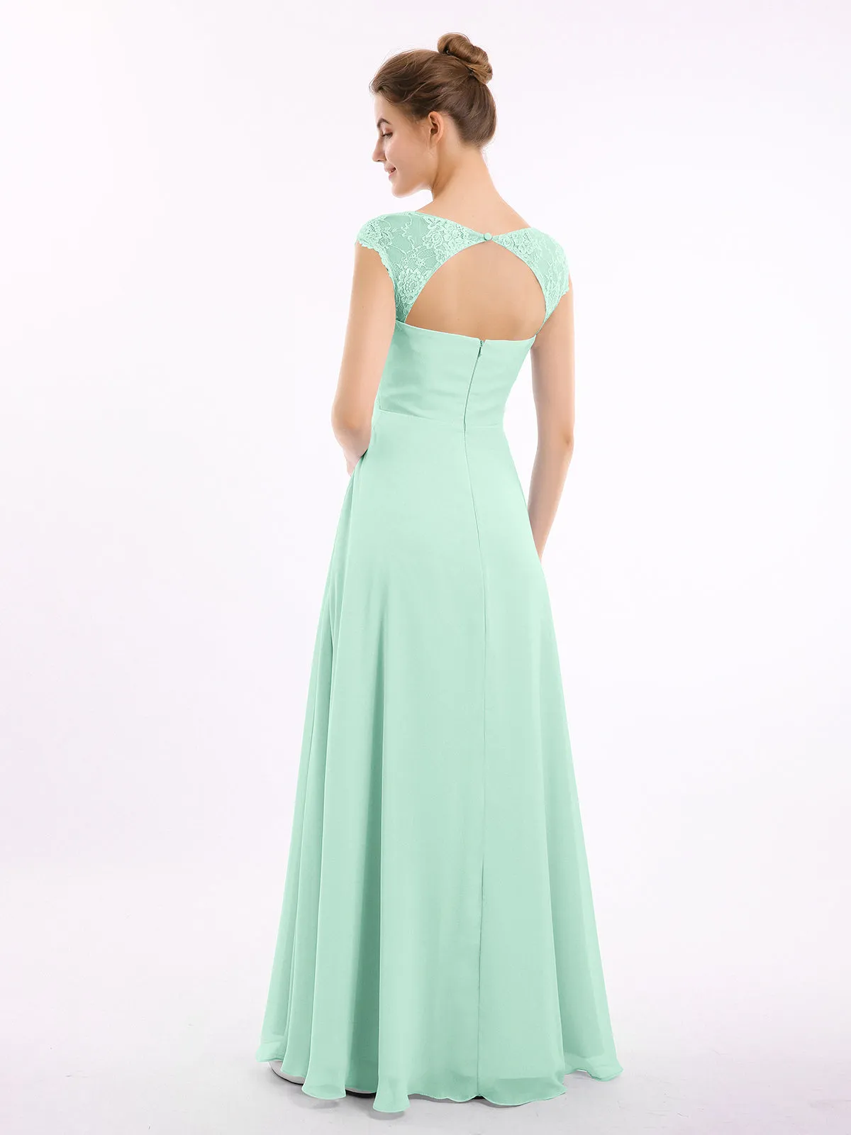 Chiffon Bridesmaid Dresses with Lace Cap Sleeves-Mint Green Plus Size