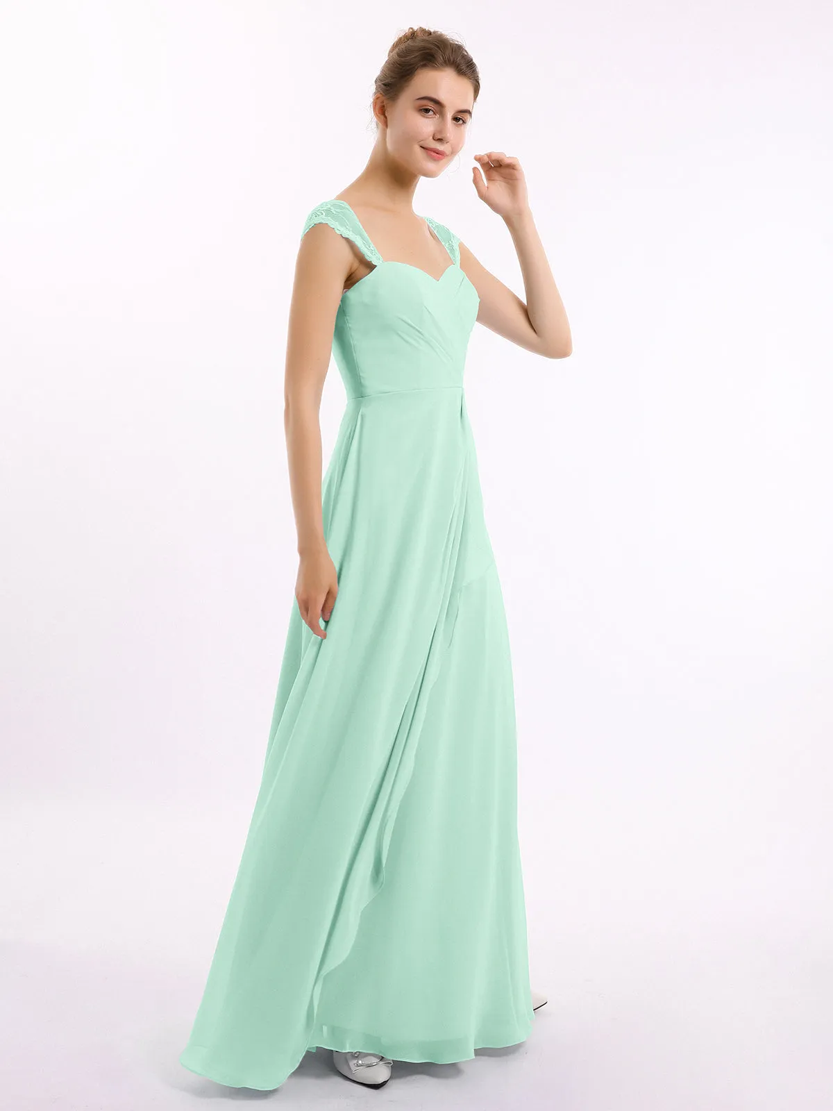 Chiffon Bridesmaid Dresses with Lace Cap Sleeves-Mint Green Plus Size