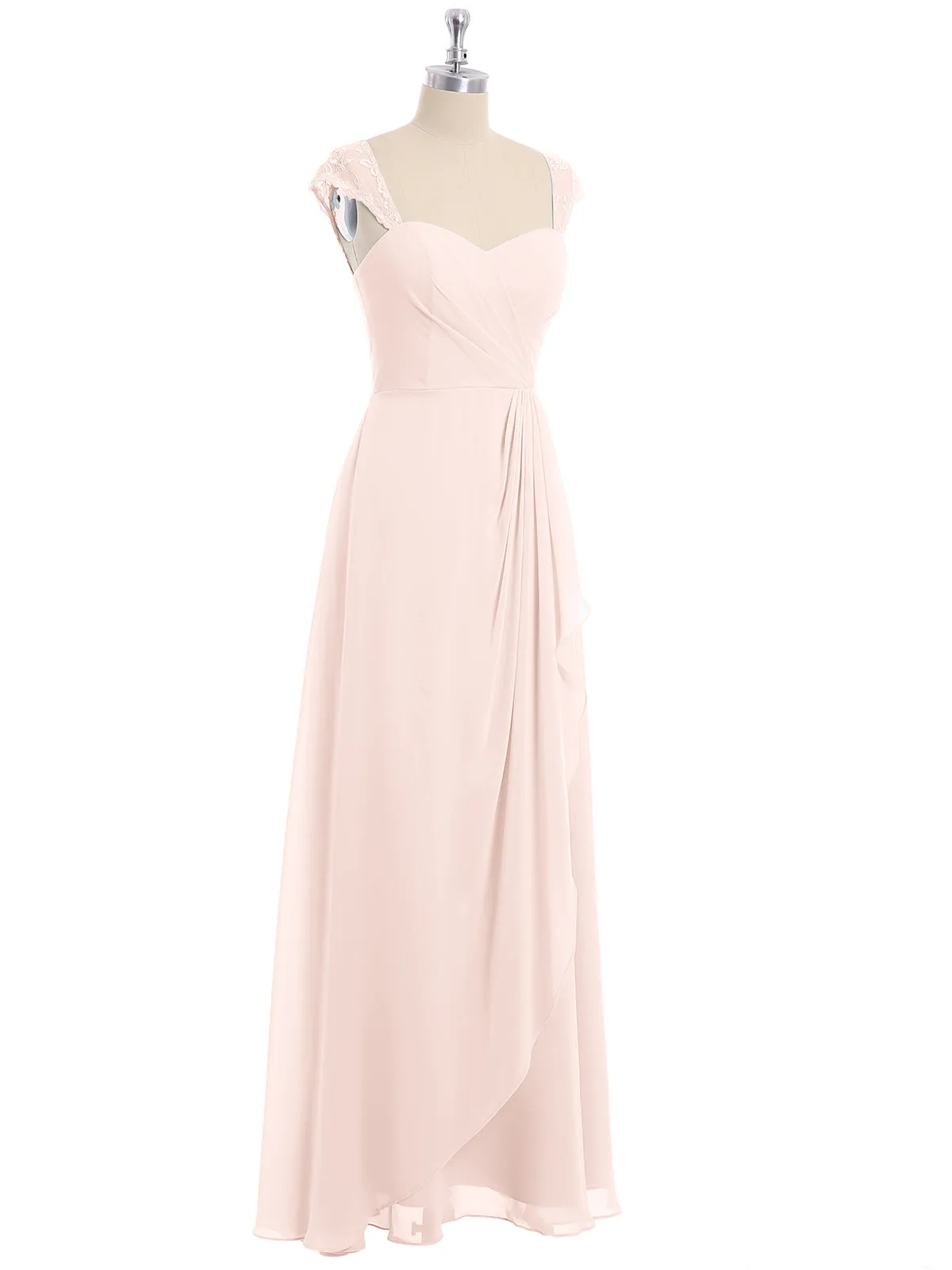 Chiffon Bridesmaid Dresses with Lace Cap Sleeves-Pearl Pink Plus Size