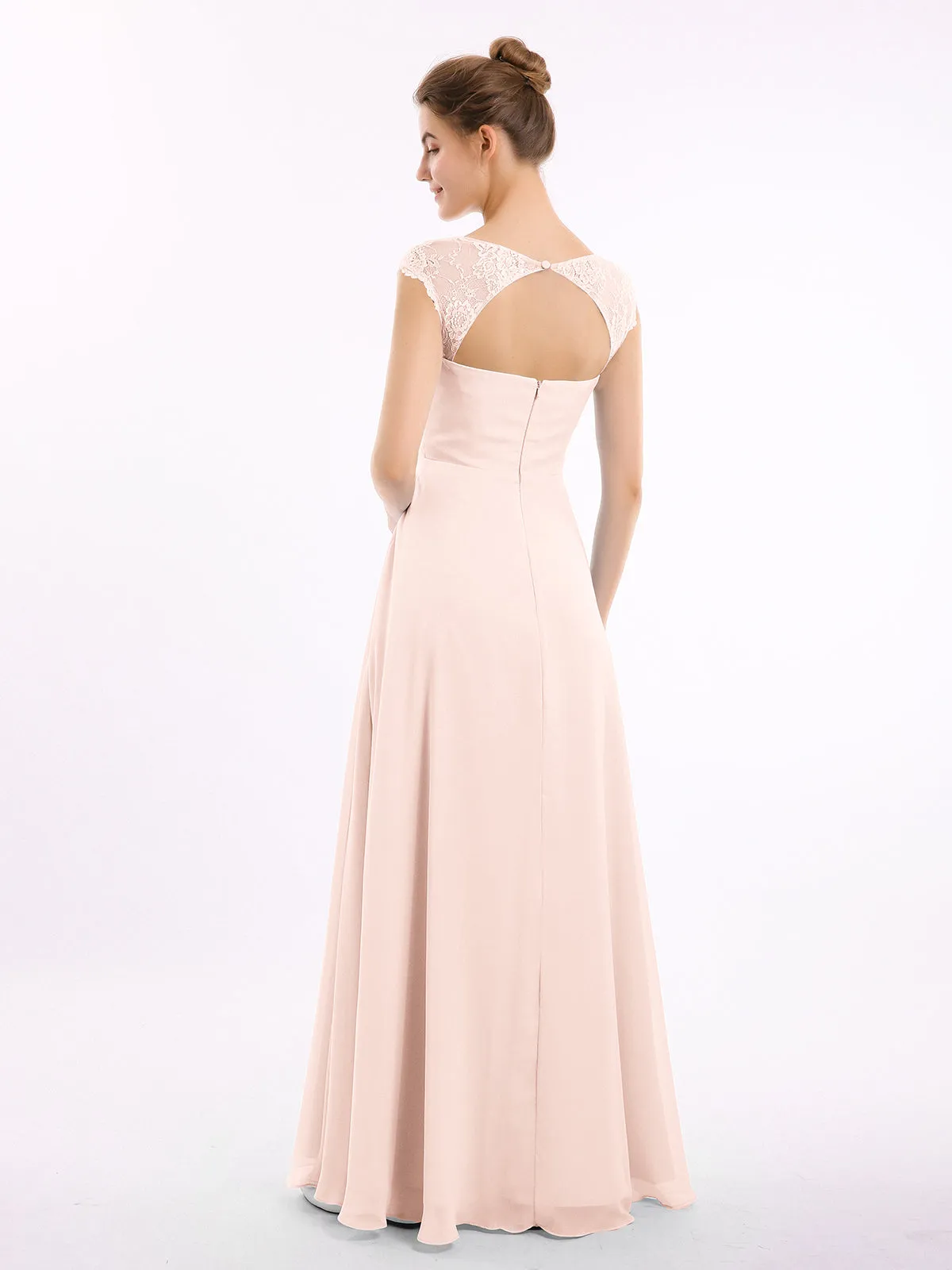 Chiffon Bridesmaid Dresses with Lace Cap Sleeves-Pearl Pink Plus Size