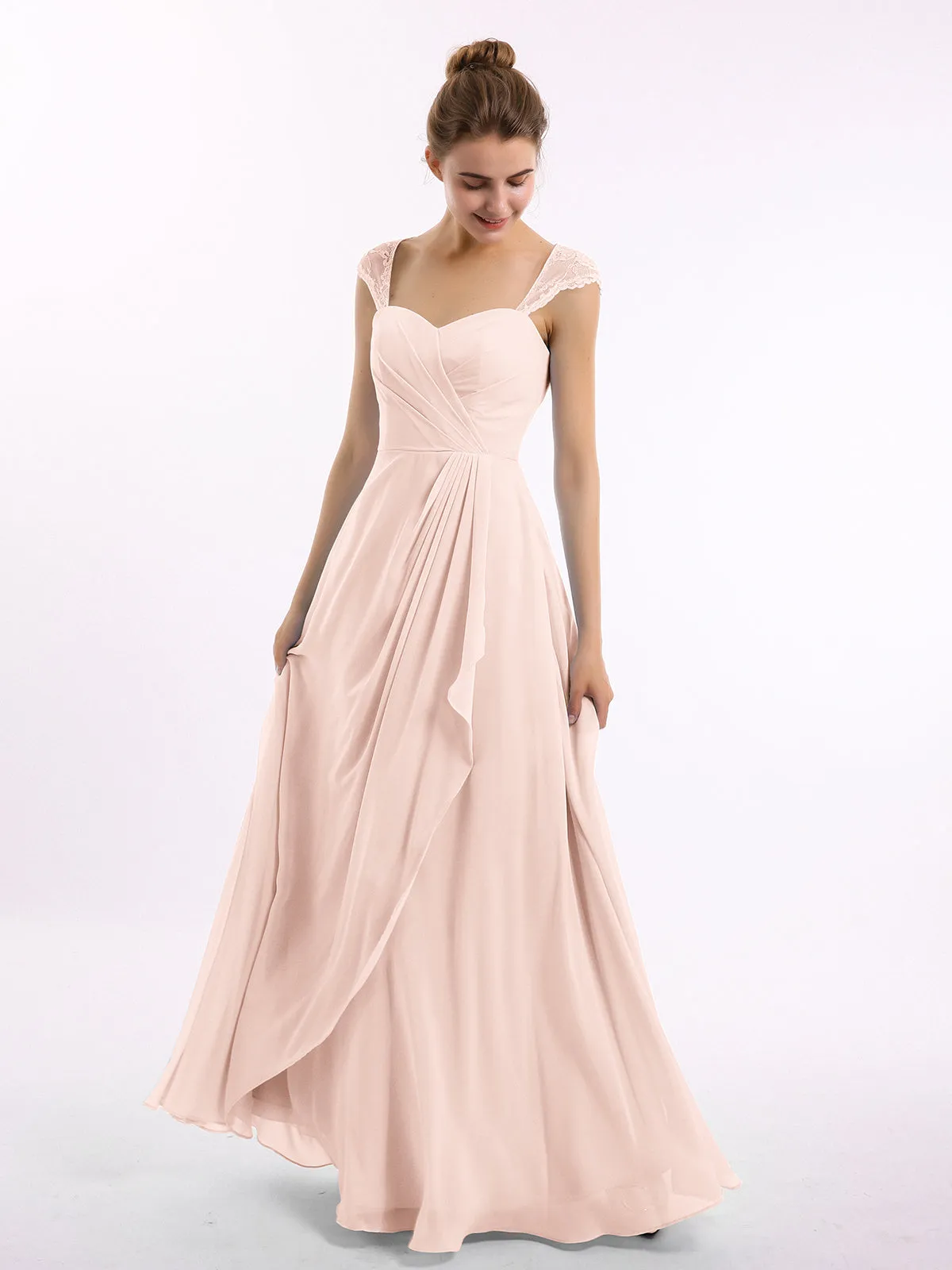 Chiffon Bridesmaid Dresses with Lace Cap Sleeves-Pearl Pink Plus Size