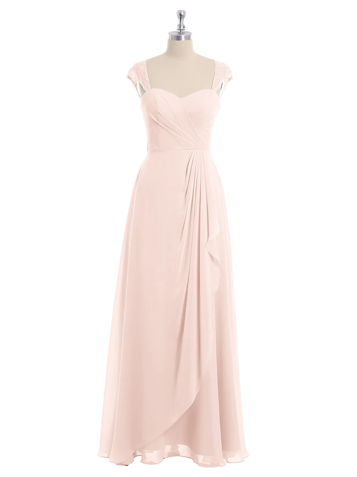 Chiffon Bridesmaid Dresses with Lace Cap Sleeves-Pearl Pink Plus Size