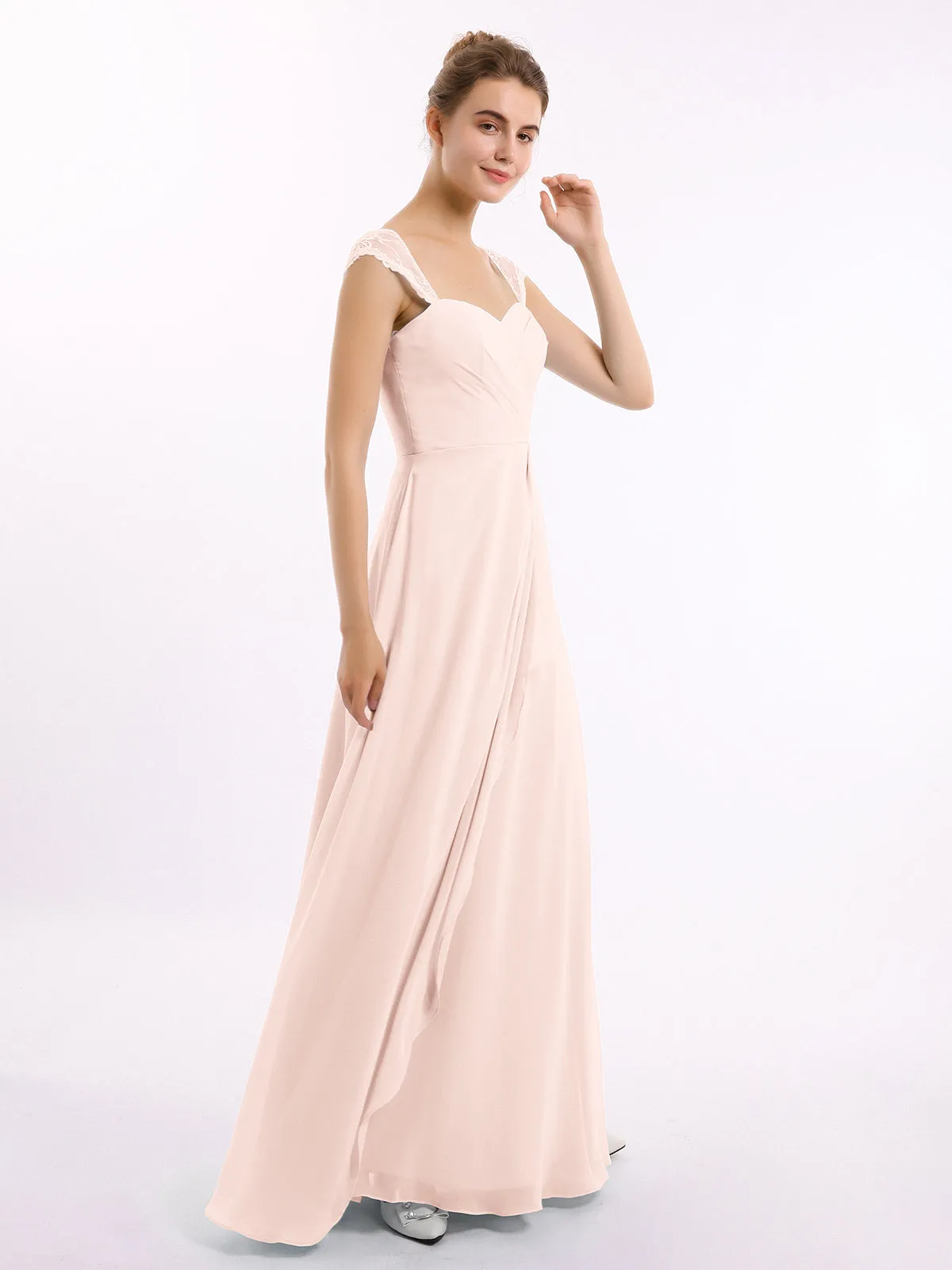 Chiffon Bridesmaid Dresses with Lace Cap Sleeves-Pearl Pink Plus Size