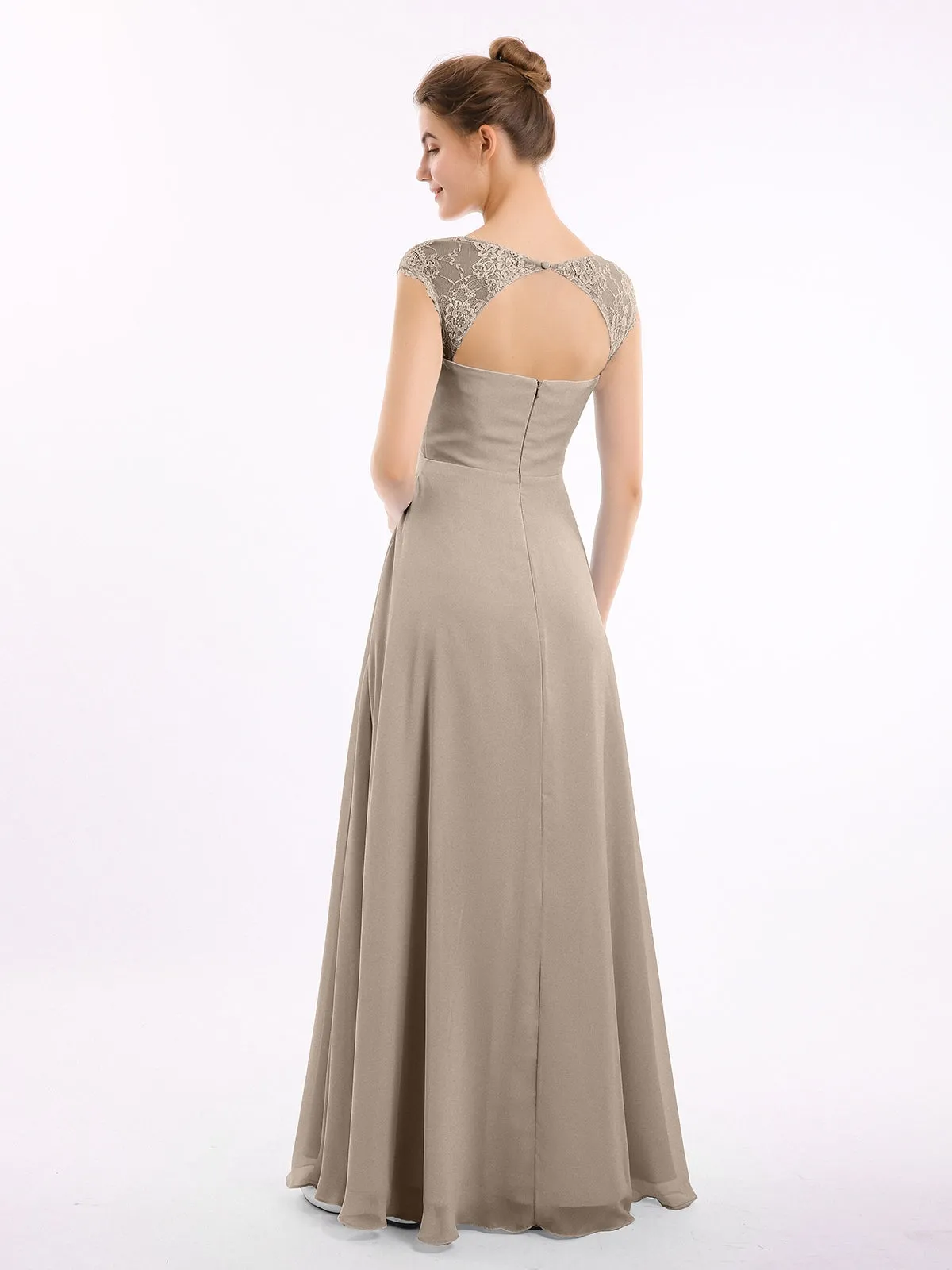 Chiffon Bridesmaid Dresses with Lace Cap Sleeves-Taupe