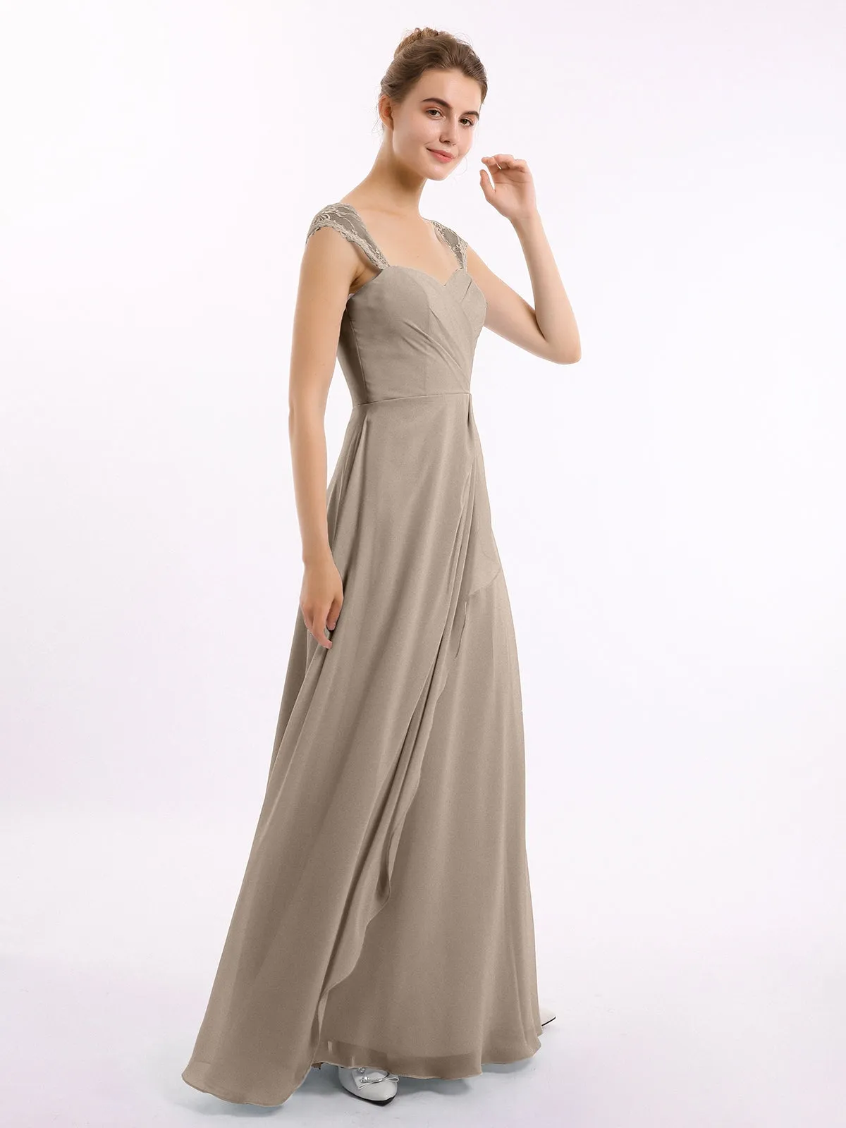 Chiffon Bridesmaid Dresses with Lace Cap Sleeves-Taupe