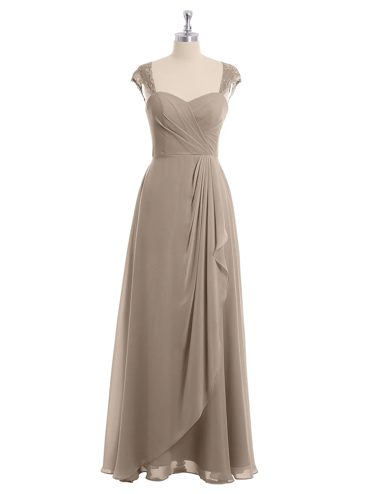 Chiffon Bridesmaid Dresses with Lace Cap Sleeves-Taupe