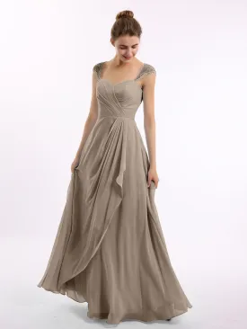 Chiffon Bridesmaid Dresses with Lace Cap Sleeves-Taupe