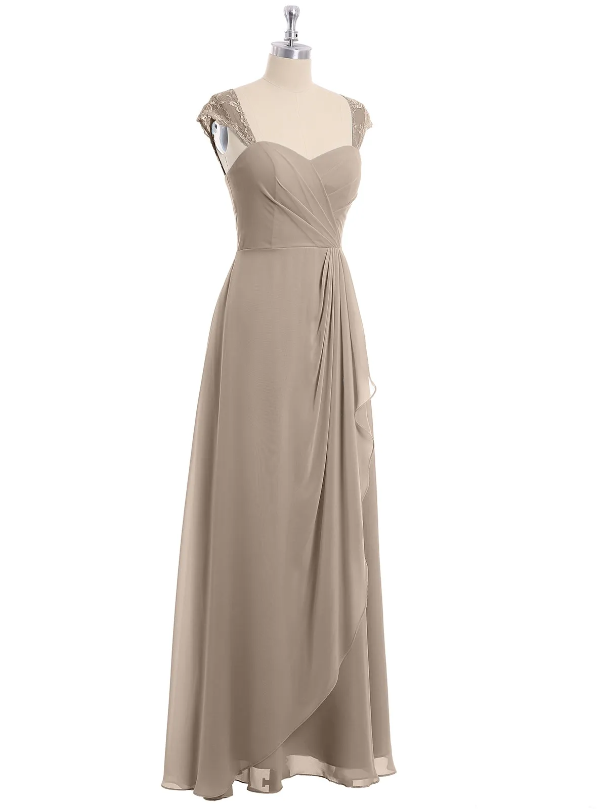 Chiffon Bridesmaid Dresses with Lace Cap Sleeves-Taupe