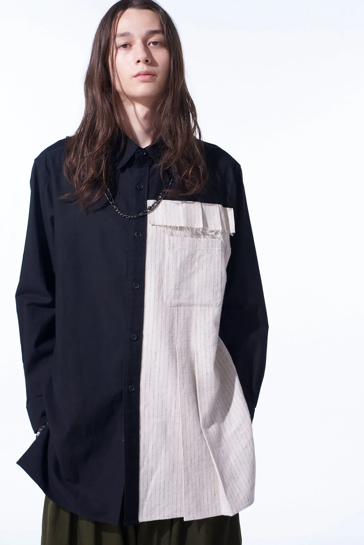 COTTON TWILL SHIRT WITH STRIPED PLEATED FABRIC