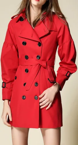 Draped-Shoulder Short Trench Coat, Red