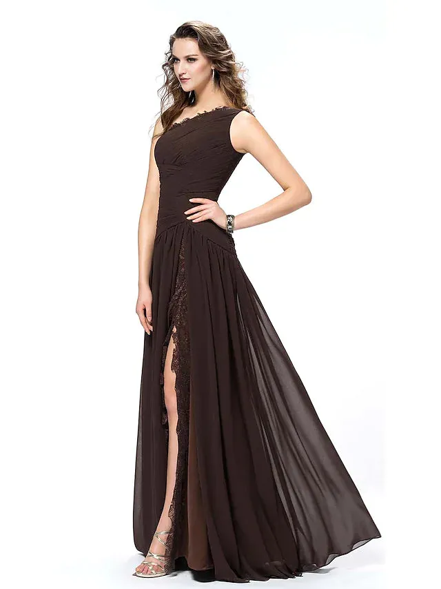 Elegant Sexy Party Wear Formal Evening Dress One Shoulder Backless Sleeveless Floor Length Chiffon with Slit Lace Insert