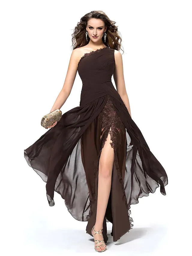 Elegant Sexy Party Wear Formal Evening Dress One Shoulder Backless Sleeveless Floor Length Chiffon with Slit Lace Insert