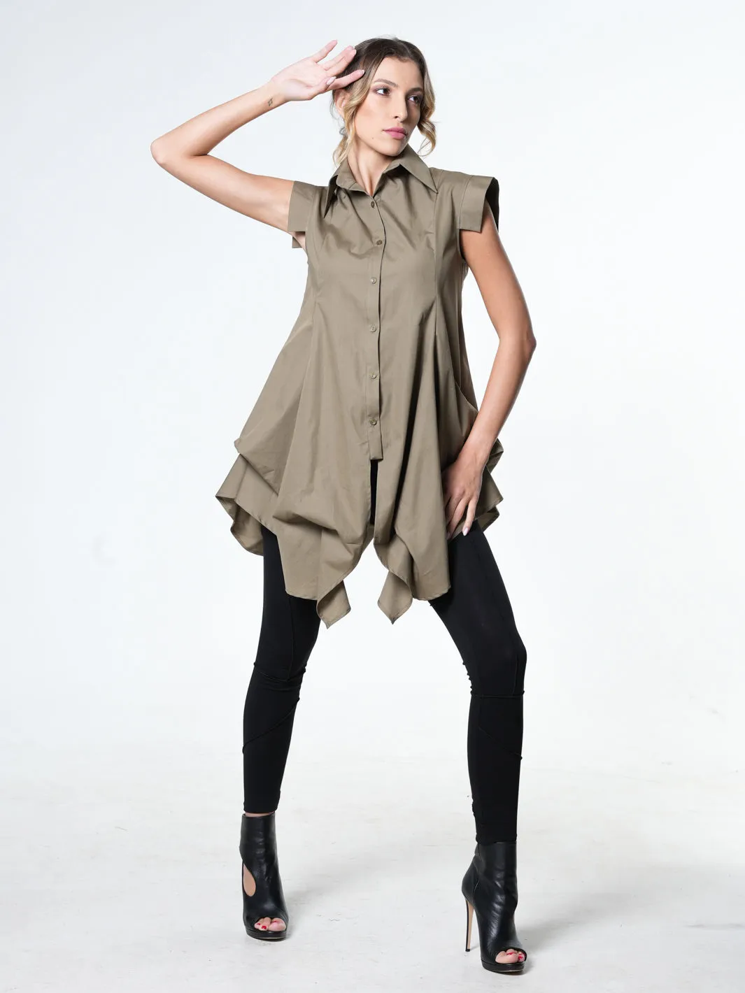 Extravagant Draped Tunic Shirt In Khaki