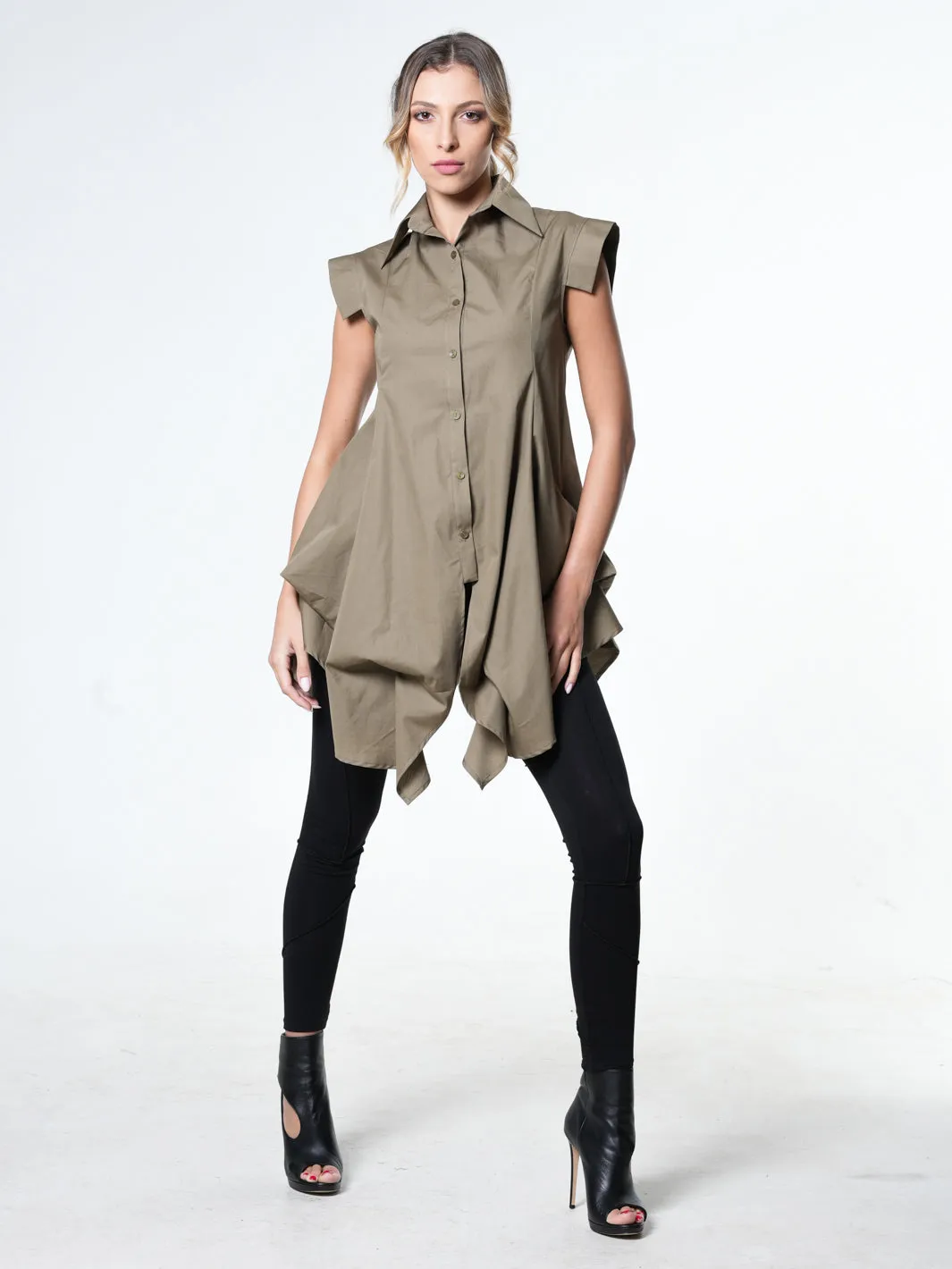 Extravagant Draped Tunic Shirt In Khaki