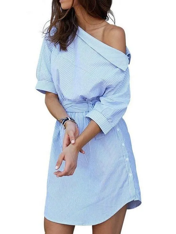 Fashion Stripe Oblique Shoulder Belted Shirt Dress