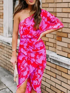 Floral Print Oblique Shoulder Irregular Dress