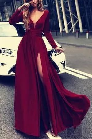 Flowy Long Sleeve V Neck Chiffon Long Formal Dresses with High Slit Backless Prom Dress P1101