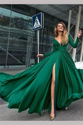 Flowy Long Sleeve V Neck Chiffon Long Formal Dresses with High Slit Backless Prom Dress P1101