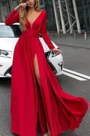 Flowy Long Sleeve V Neck Chiffon Long Formal Dresses with High Slit Backless Prom Dress P1101