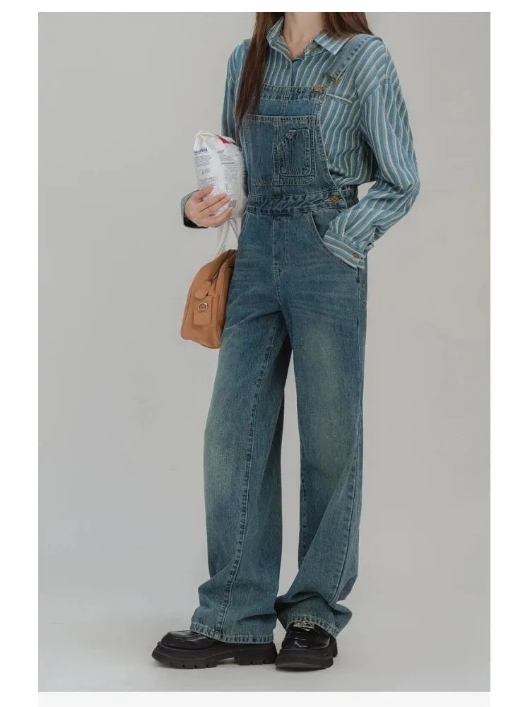 Girlary Women's Vintage Street Overalls Fashion Wide Leg Girl Suspender Jumpsuits Pants Female Streetwear Rompers Straight Denim Trouser