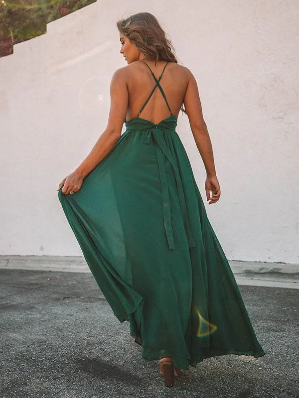 Green Lace Split-joint Backless Maxi Dress