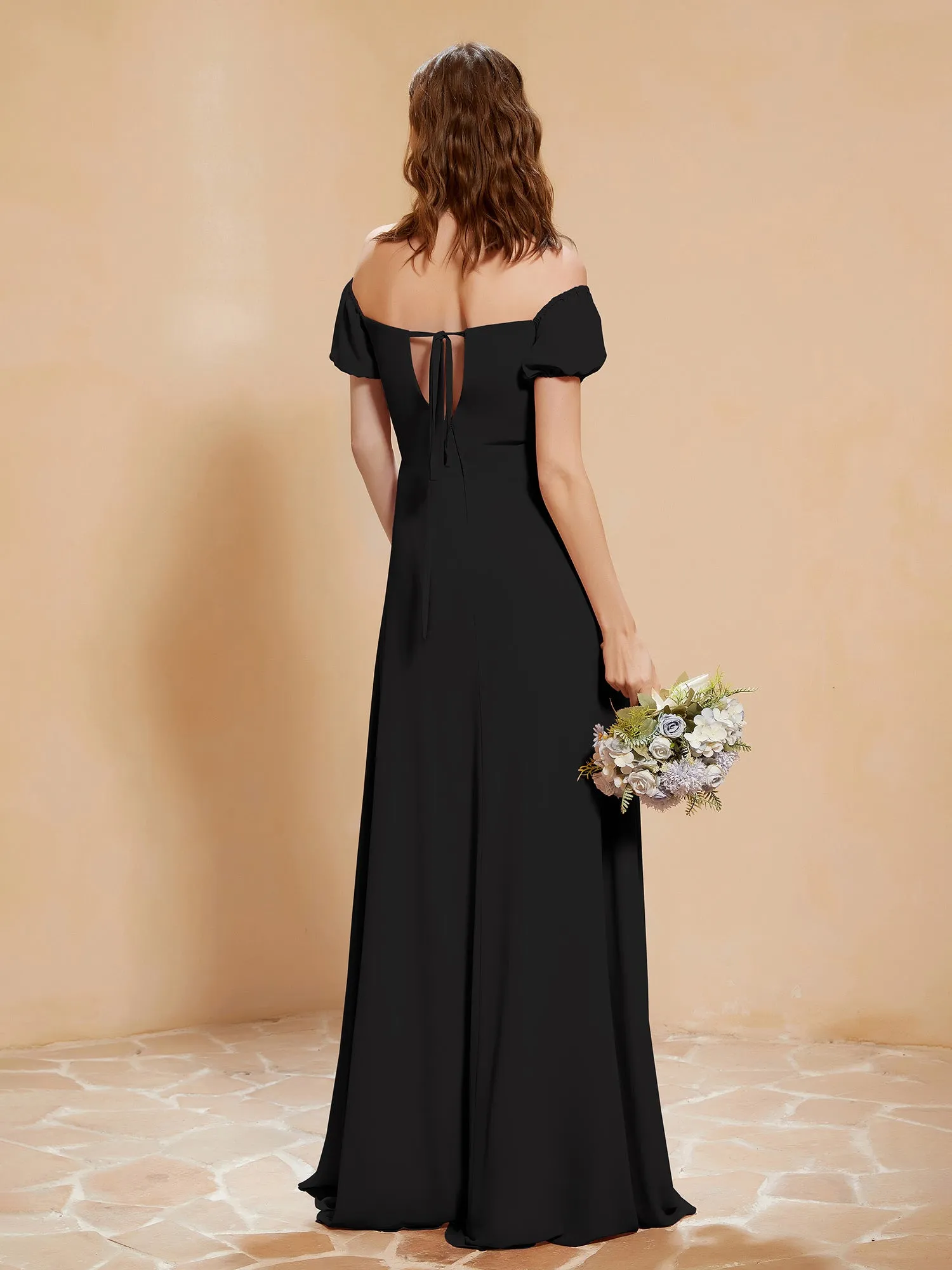 Half Sleeve Backless A-line Chiffon Dress Black Plus Size