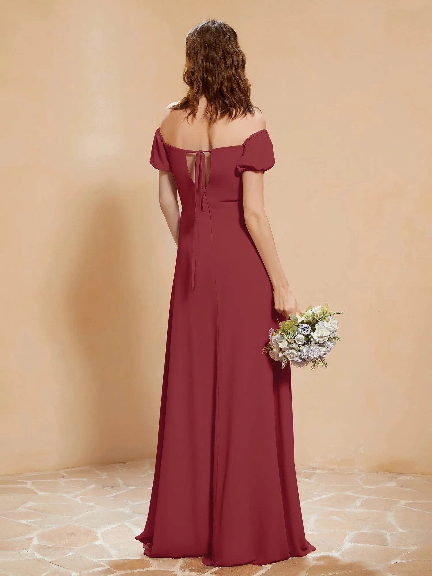 Half Sleeve Backless A-line Chiffon Dress Burgundy