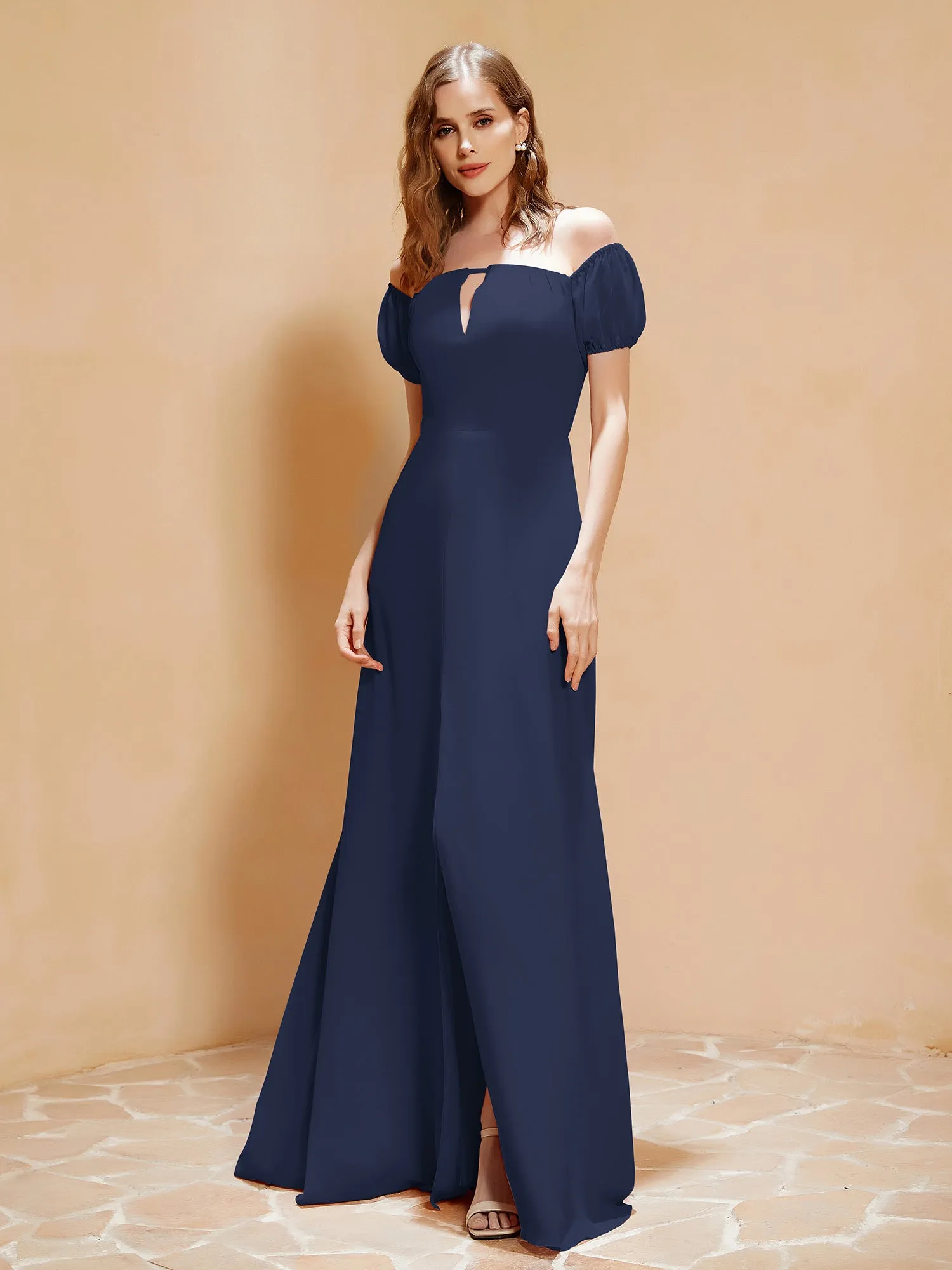 Half Sleeve Backless A-line Chiffon Dress Dark Navy Plus Size