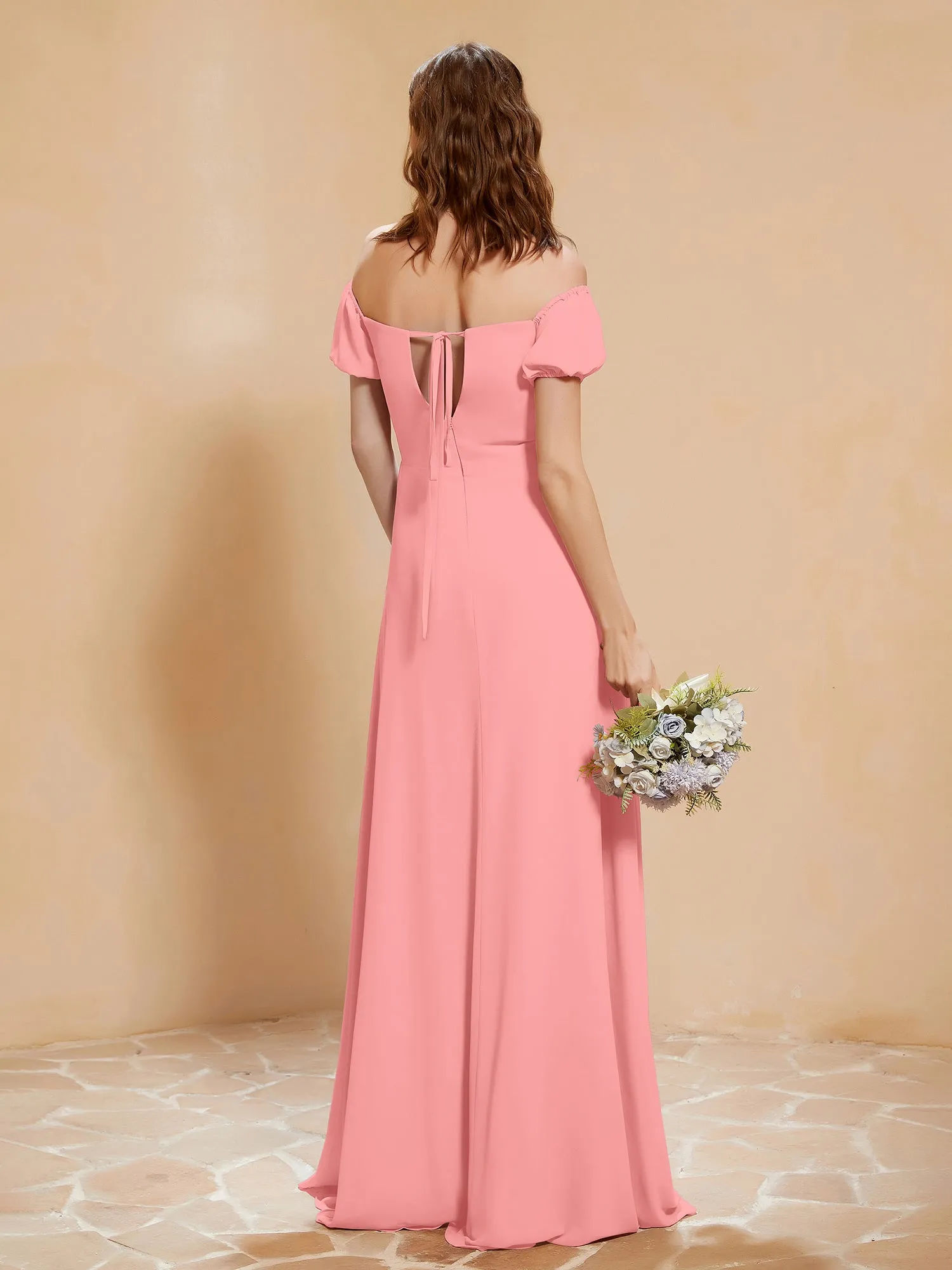 Half Sleeve Backless A-line Chiffon Dress Flamingo