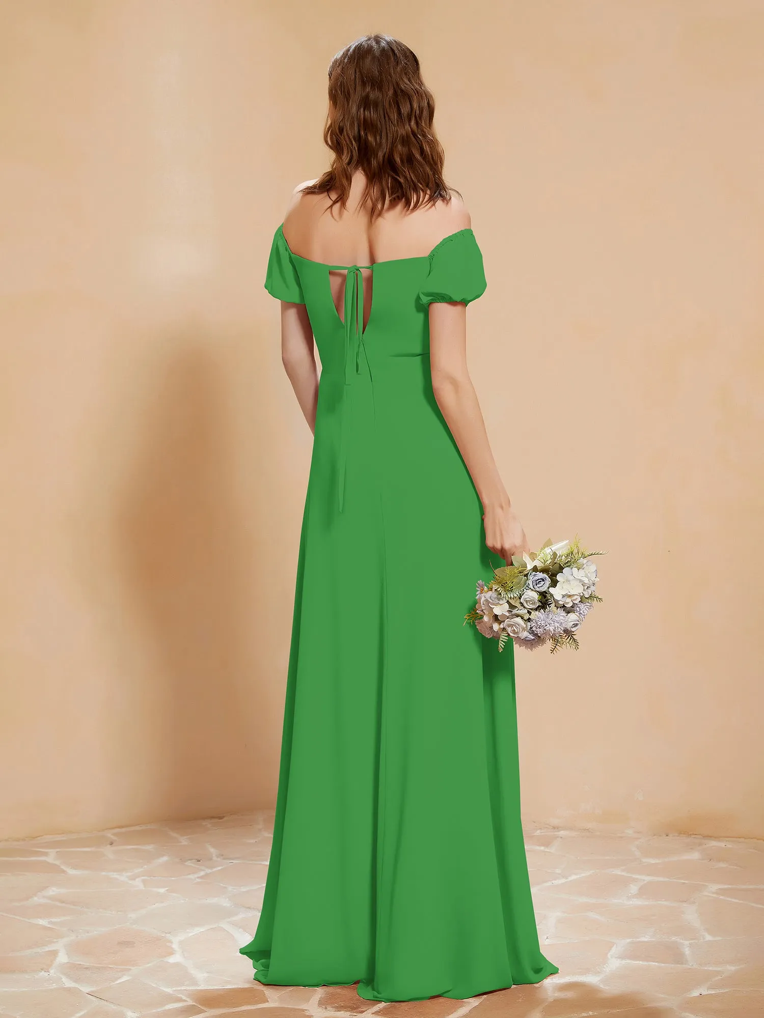 Half Sleeve Backless A-line Chiffon Dress Green