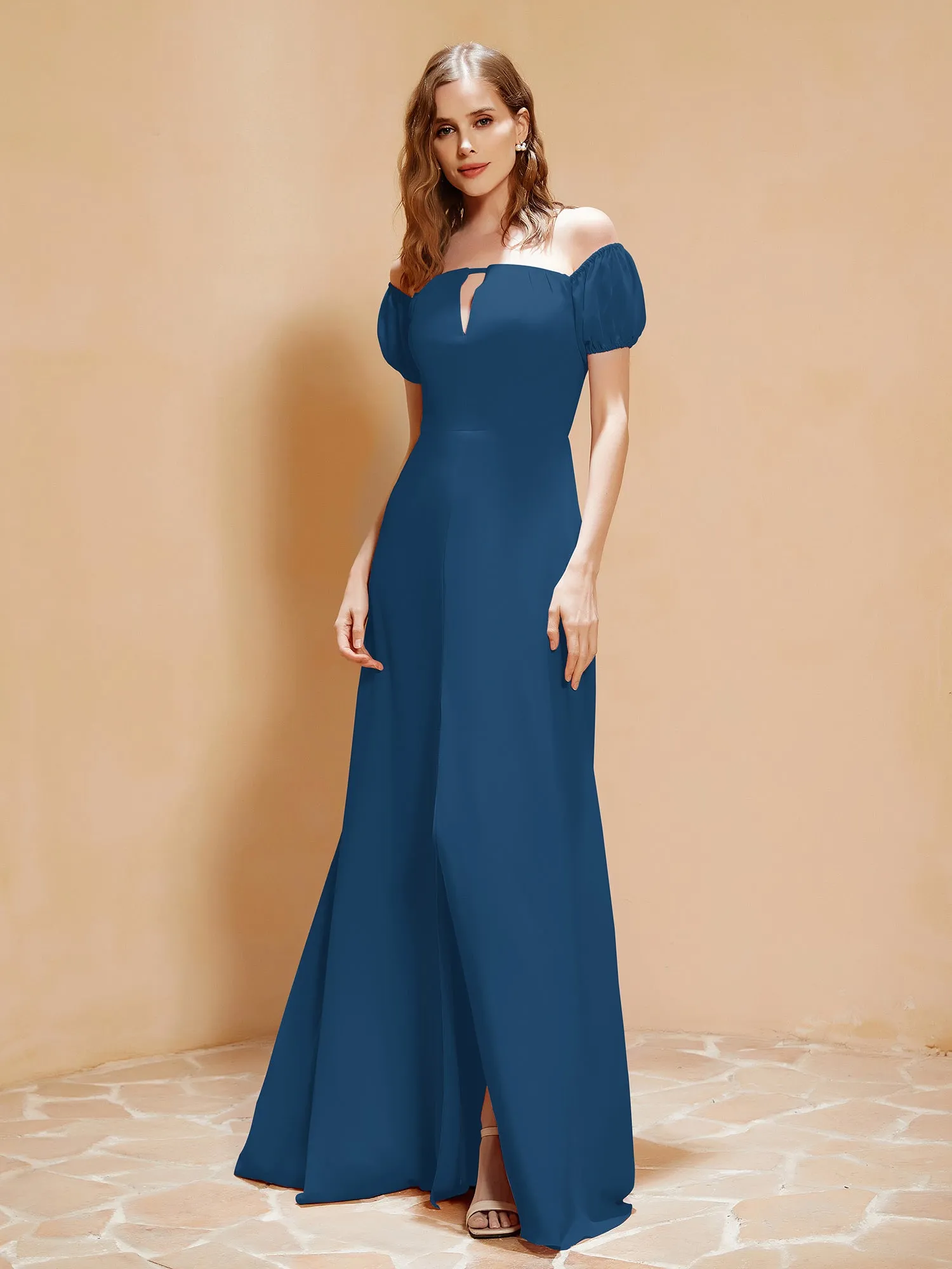 Half Sleeve Backless A-line Chiffon Dress Ink Blue Plus Size